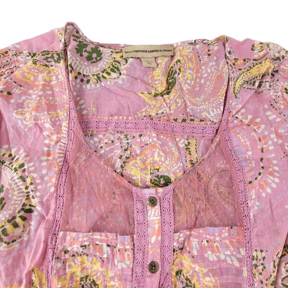 Vintage American Boho Pink Paisley Tunic Top With Lace Accents Drawstring JH1806 - Picture 6 of 7